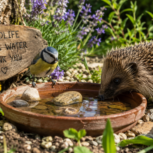 AI Image of a bluetit and hedhog drinking from a water bowl