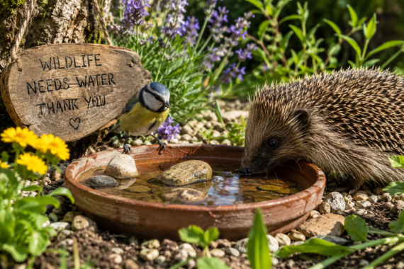AI Image of a bluetit and hedhog drinking from a water bowl